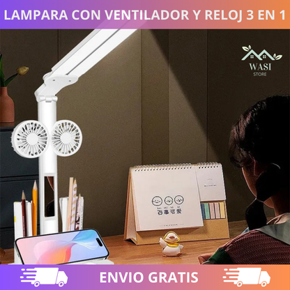 3 EN 1, LÁMPARA DE ESCRITORIO, VENTILADOR Y RELOJ