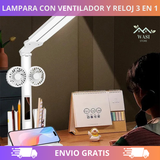 3 EN 1, LÁMPARA DE ESCRITORIO, VENTILADOR Y RELOJ